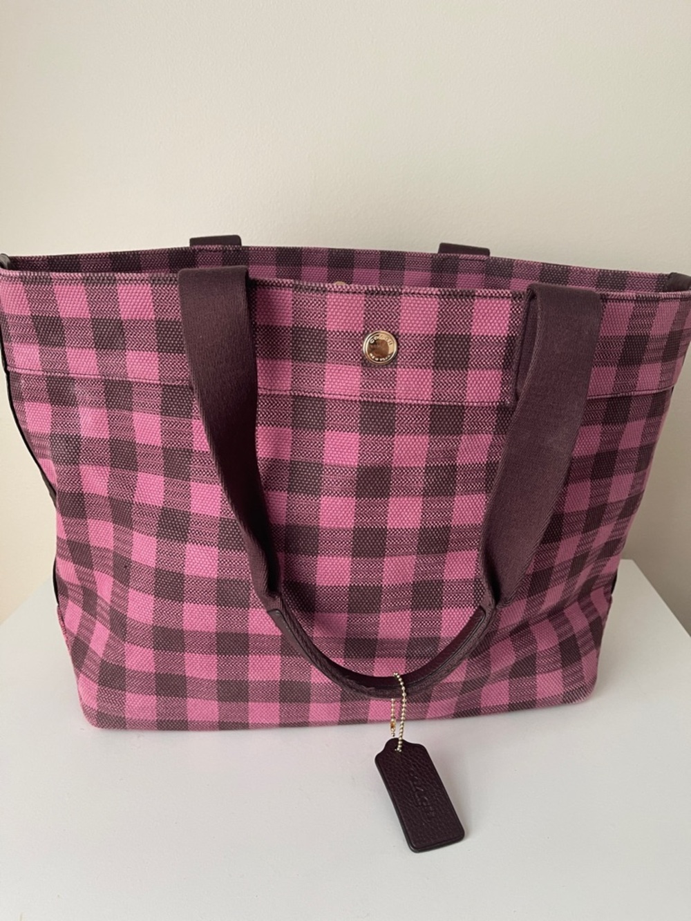 Coach Pink and Dark Brown Plaid Tote
